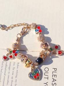 1 件豹纹樱桃串珠手链、1 件黑樱桃 8 毫米串珠手链、时尚豹纹 DIY 手链、1 件红樱桃音乐节手链 - 金色 - 查看 8