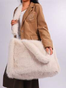 Long Strap Faux Fox Fur Tote - -Wide Large Capacity Tote Bag - Apricot - View 1