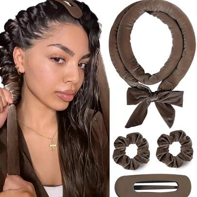 4pcs No-Heat Hair Curlers, Can Be Worn To Sleep Without Heating, Super Soft Ribbon Wrapped For Long Hair, Includes Hair Ties And Clips, Suitable For All Hair Types, Can Be Used Overnight.