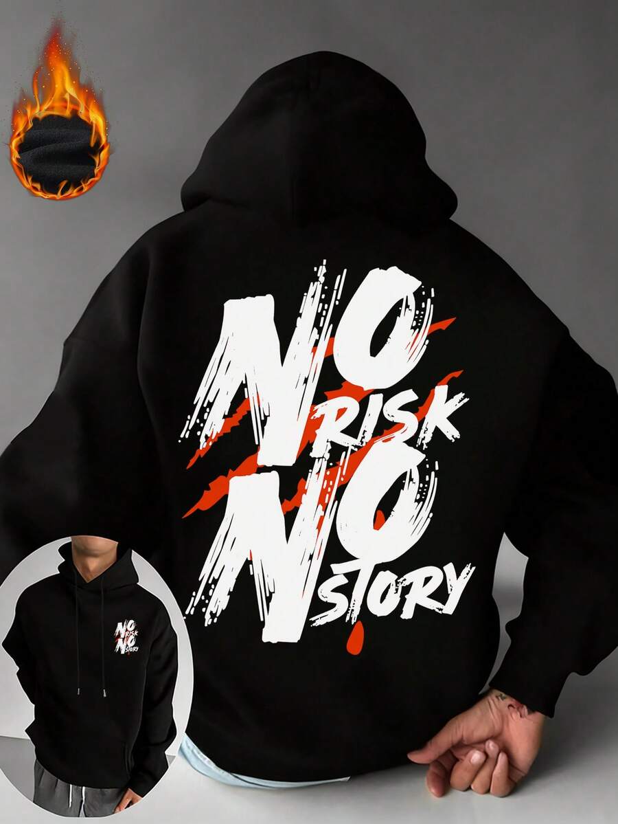 K-GLORY Men's "No Risk No Story" Slogan Print Thermal Lined Hoodie, American Street Style, Autumn/Winter - Black - View 1