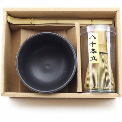 3-Piece Japanese Matcha Set With 80-Prong Whisk, Traditional Bamboo Whisk & Ceramic Bowl, Authentic Green Tea Preparation Kit