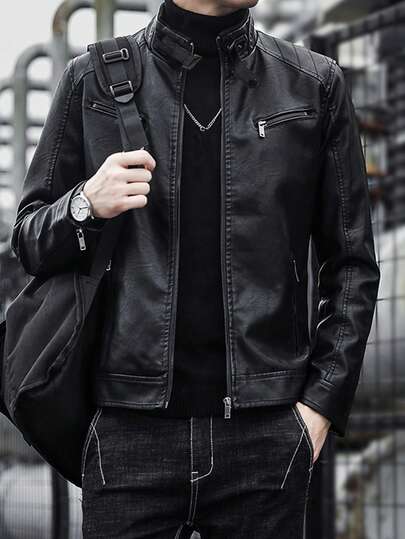 1pc Men's Leather Motorcycle Jacket, Suitable For Outdoor Spring And Autumn