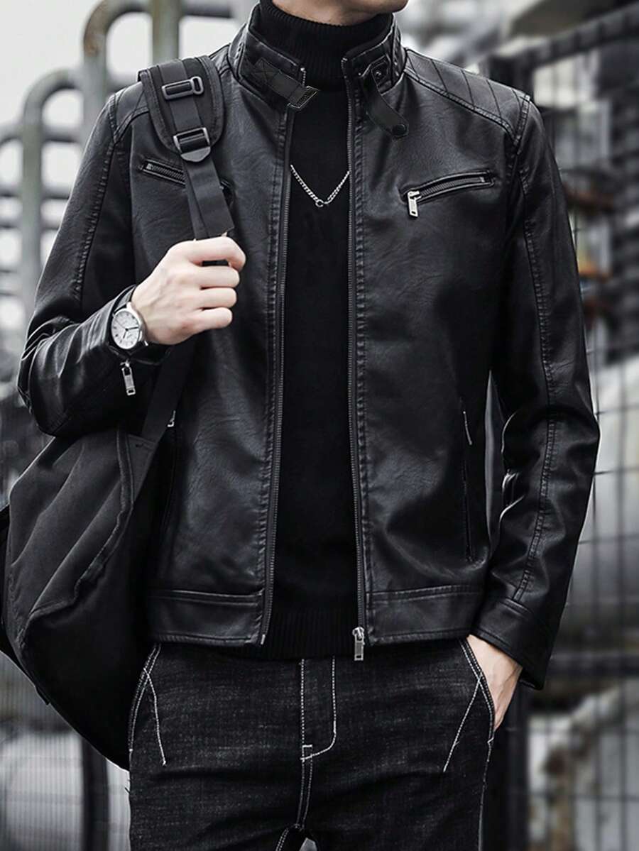 1pc Men's Leather Motorcycle Jacket, Suitable For Outdoor Spring And Autumn - Black - View 1