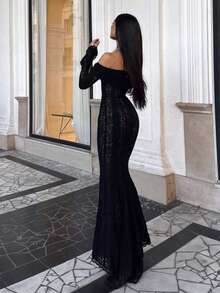 فستان أبيض طويل من الدانتيل بأكتاف مكشوفة للنساء، أكمام طويلة واسعة، قصة جسم الحورية، أنيق وراقي، مناسب للزفاف والمناسبات الرسمية والمناسبات الخاصة، خريف/شتاء - الأسود - مشاهدة 7