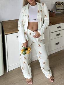 Nina Bonheur 2pcs Women Bear Print Button Front Long Sleeve Pajama Set - Shirt + Drawstring Pants, Cute Sleepwear Suit - Apricot - View 10