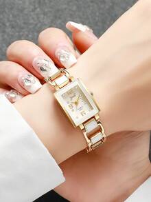 2 件/套女士时尚休闲方形水钻表盘石英手链手表组合（不含手表） - 黑與白 - 查看 3