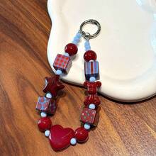 1pc Autumn/Winter Korean Style Ins Square Red & Blue Contrast Geometric Star Phone Lanyard, Cute Bear Pendant Charm Compatible With Android And Most Smartphone,Gifts For Mother, Family, Friends, Birthday, Holiday Phone Chain - Wine Red Bear - View 3