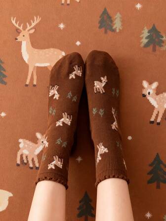 1 Pair Cute Cartoon Deer Patterned Mid-Calf Socks, Casual Japanese Style Long Socks For Women