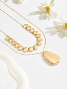 2pcs Minimalist Layered Necklace Set, 1pc Geometric Beaded Short Necklace + 1pc Asymmetrical Water Drop Pendant Long Necklace, Metal Style Necklace Set - Yellow Gold - View 3