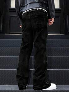 Slim Fit Stretch Denim Jeans, Distressed Washed Cotton Jeans, Versatile & Fashionable; Washed Denim Jeans With Slant Pockets, Lightweight Business Casual, Versatile; Straight Leg Casual Pants With Button & Zipper, Suitable For All Seasons - Black - View 2