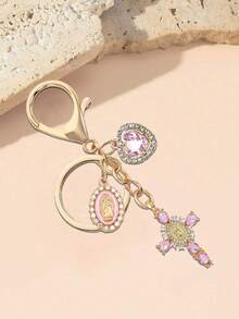 1pc Charm Keychain With Cross,Pearl And Diamonds - Cross Keychain,Bag Charm,Cross Pendant,Decorative Wallet Backpack Accessories, Earphone Bag Accessories, Ring Buckle Decorative Keychain For Luggage And Cars - Single Piece Accessory With Pearl And Diamonds And Romantic Elements