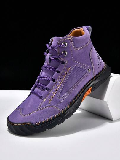 Salkin Women's Handcrafted Vintage Patchwork Ankle Boots Stylish Outdoor Lace-Up Hiking Boots Minimalist Solid-Color Casual Shoes Couple's Comfortable Mid-Calf Boots All-Season Business, Office, Daily Driving Shoes For Men And Women Purple Plus Size Boots