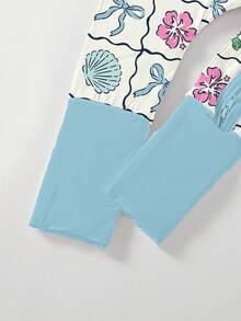 Baby Bamboo Fiber Zip-Up, Sea Turtle Flower Shell Blue Print Romper, All-Season Knit Fabric Skinny Fit With Zipper Detail, Baby Gril Clothes, Perfect For Outdoor - 淺藍色 - 查看 6