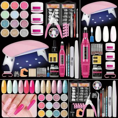 Acrylic Nail Kit For Beginners With Everything Nails Kit Acrylic Set With Drill And U V Light Professional Glitter Powder Decorations Rhinstones DIY Gifts For Women