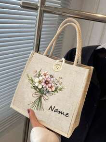 Customizable Linen Tote Bag, Personalized Name & Floral Wreath Pattern, Button Decor, Large Capacity Handbag, Foldable Travel Shopping Bag, Tote - Multicolor - View 5