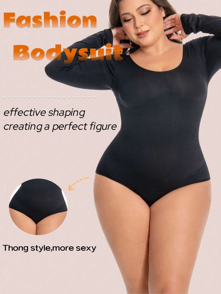 1pc Women's Long Sleeve Shapewear, Round Neck Basic Style, Tummy Control & Butt Lifting Bodysuit