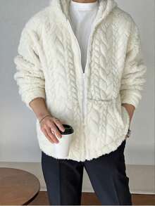 DIYIE 男士秋冬长袖保暖外套，纹理面料，抓绒内衬，秋冬长袖外套，男士简约休闲连帽开衫外套 - 杏色 - 查看 5