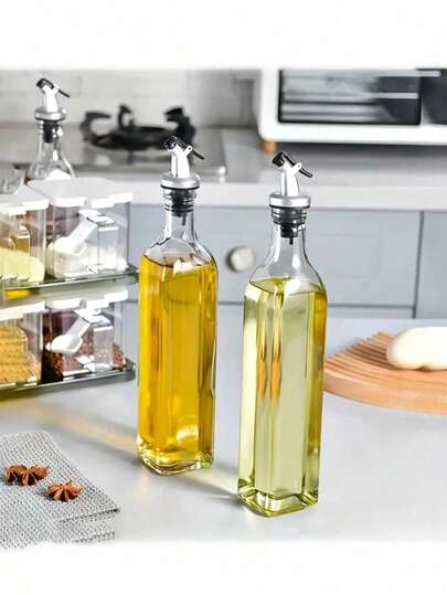 1pc Home Glass Oil Dispenser Bottle Vinegar Liquid Seasoning Storage Container, Suitable For Cooking Baking Salad BBQ, Kitchen Storage Container For Oil Dispenser, Kitchen Utensils, Glass Bottle