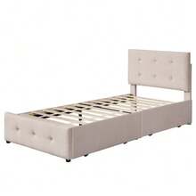 Upholstered Bed 90 X 200 Cm, Slatted Bed With Headboard And Two Drawers, Soft Velvet Fabric, Beige Single Bed, Children's Bed, Junior Bed, Guest Bed (Without Mattress) - Dark Beige - View 9