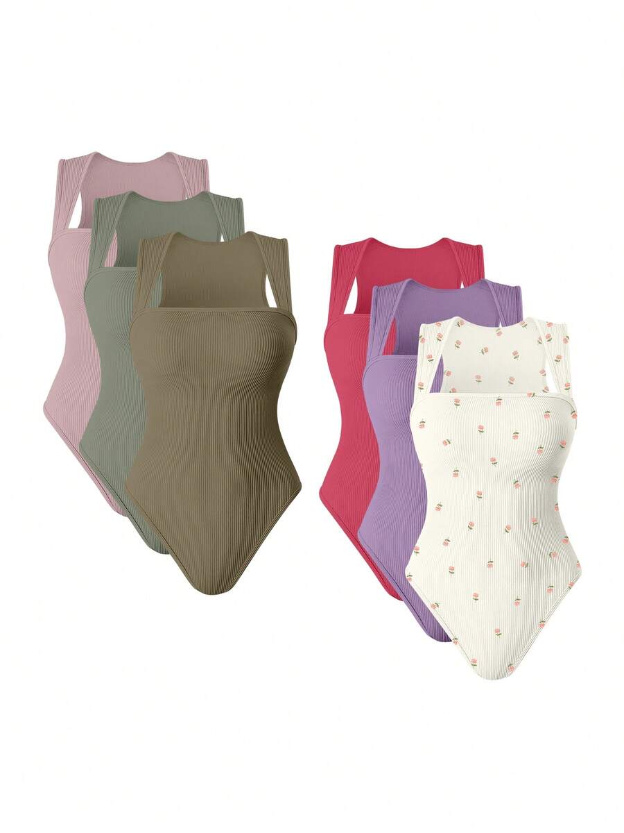 OQQ 3 Piece Bodysuits For Women Sexy Ribbed Strappy Square Neck Stretch Tank Tops Bodysuits - 皮粉,淺灰綠,灰褐色,珊瑚色,香芋紫,玫瑰米 - 查看 1