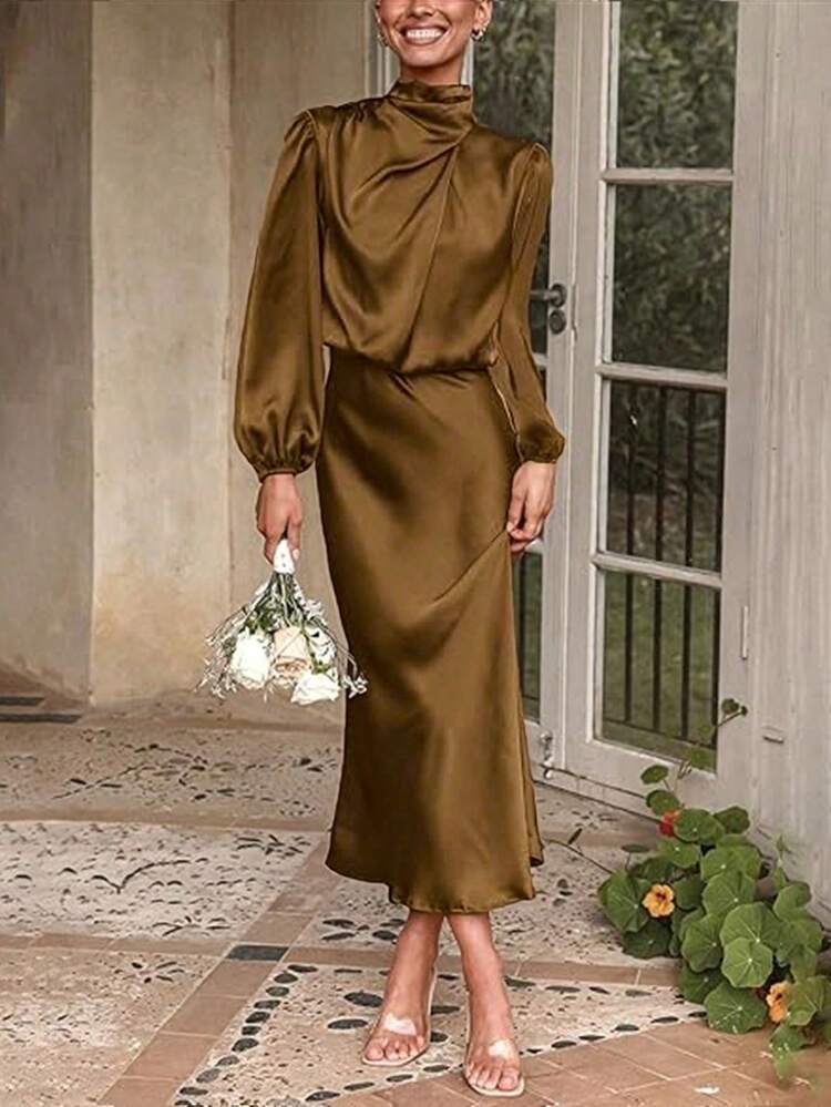 long sleeve brown satin dress Brown Satin Tie-Strap Maxi Dress Crimson Wine / L