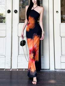 Dazzle Halter Neck Printed Cinched Waist Dress For Women