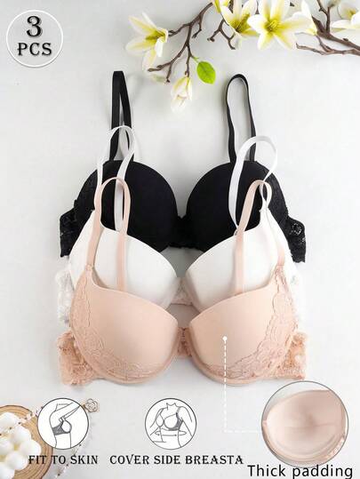 3PCS Elegant Lace Soft Thick Cup Pad Support Steel Ring Push-Up Bra, Comfortable And Breathable Small Chest Bra
