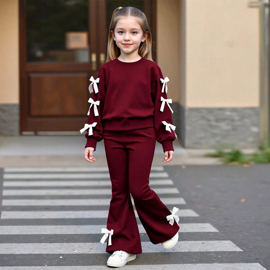 Piezas Conjunto de sudadera casual y pantalones acampanados para niñas, con lazo decorativo, top de cuello redondo de manga larga y pantalones acampa