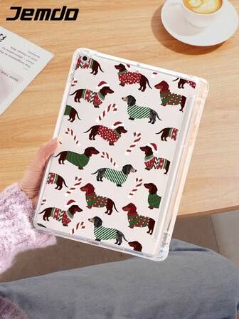 1个可爱圣诞腊肠犬图案透明软TPU平板电脑保护套，兼容iPad 10.2英寸、iPad Pro 11英寸（2021/2020/第十代）、iPad (A16) 11英寸（第十一代，2025年）、iPad Mini 4/6、Galaxy Tab A8 10.5英寸（2022年）、Matepad 10.4英寸/Tab，带笔槽，支持自动休眠/唤醒