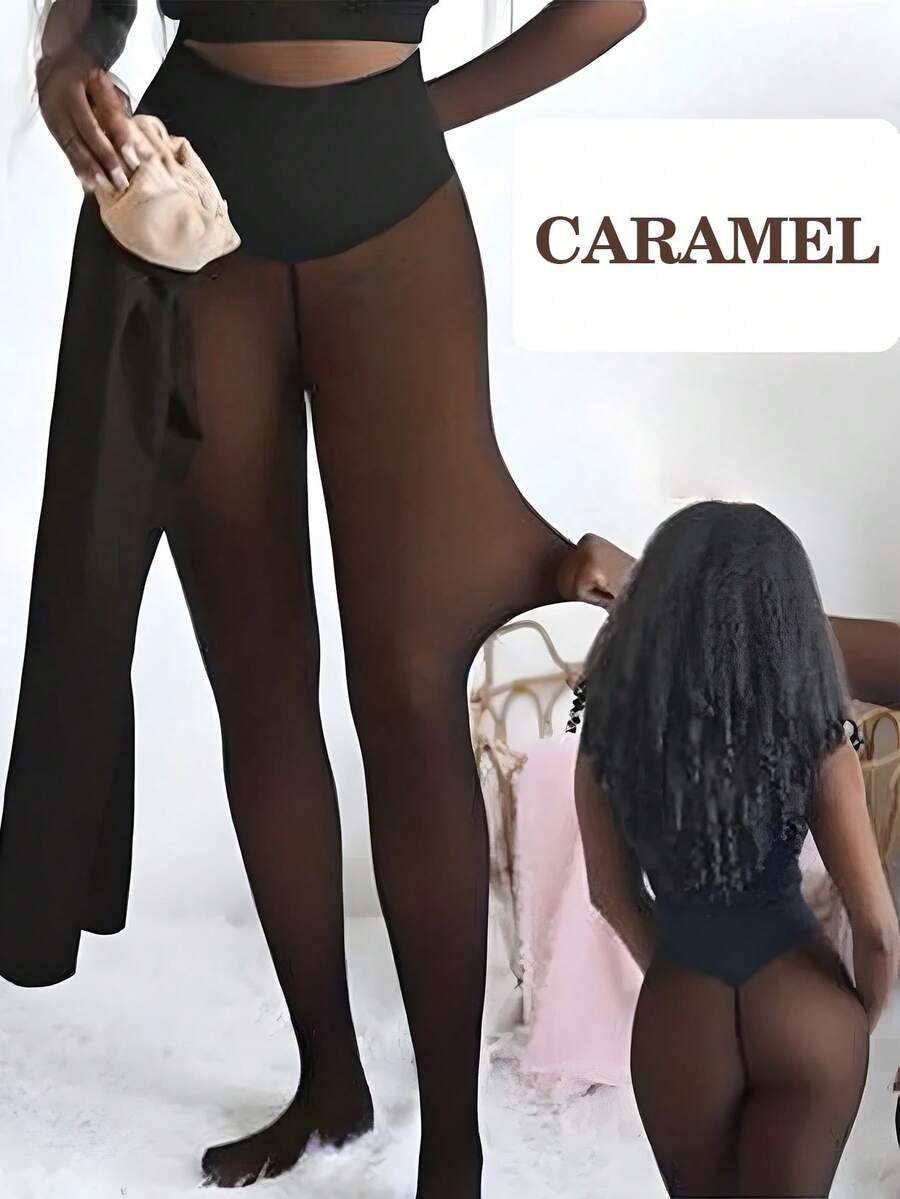 A Women's Seamless Lined Tight Pants With Added Insulation. A Faux See-Through Warm Base Pant With A New Design For Lifting The Abdomen And Enhancing The Buttocks. Suitable For Winter. Warm, Comfortable And Tummy-Controlling.  Winter - 黑透焦糖色 - 查看 1