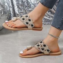 2025 Bohemian Crystal Embellished Flat Slide Sandals For Women, Open Toe Slip-On - Black - View 2