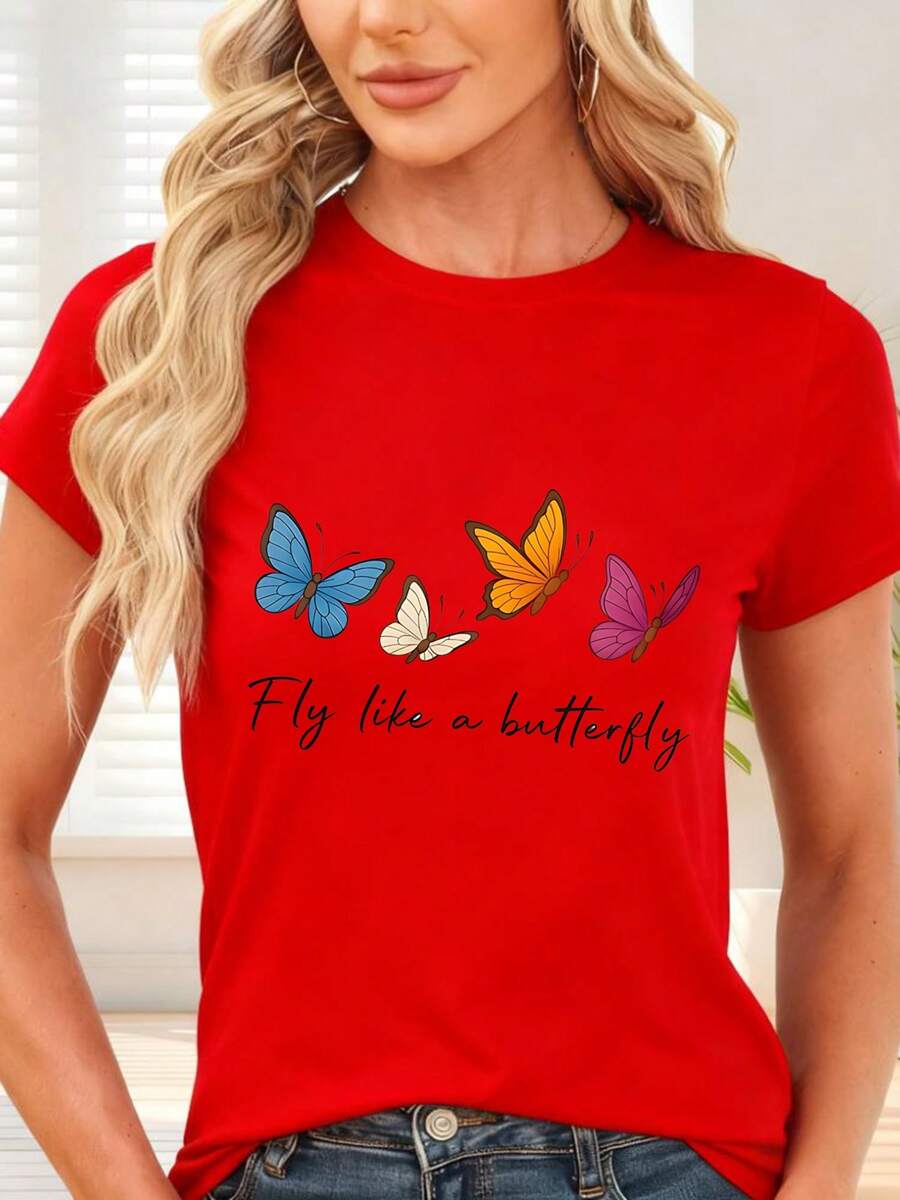 Colorful Butterfly Print T-Shirt For Casual Occasions - Red - View 1