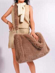Long Strap Faux Fox Fur Tote - -Wide Large Capacity Tote Bag - Màu Khaki - Xem 2