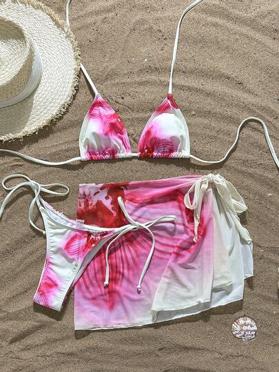 3 件套渐变色热带花卉印花女式比基尼套装，可调节比基尼肩带，系带侧裤，高遮瑕纱笼裙，适合海滩和派对，女士泳装