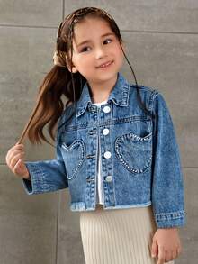 Girls' Distressed Denim Jacket With Rhinestone Embellishments, Cropped Length, Fringed Design, Suitable For All Seasons