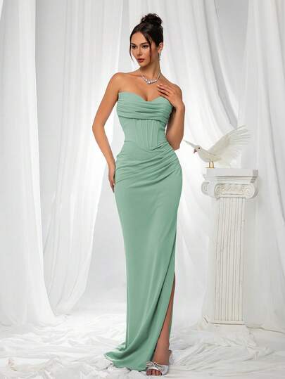 VIPGIRL Elegant Bridesmaid Dress: Strapless Flattering Fitted Satin Gown With Corset Bodice & Draped Waist – Minimalist Luxury Formal Evening Wear, Wedding Guest Outfit