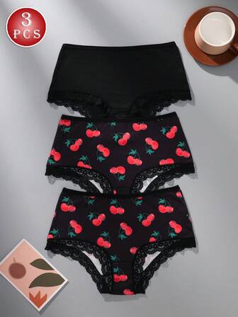 3件套女士内衣套装 女士性感蕾丝内裤 多色樱桃印花 舒适可爱内裤