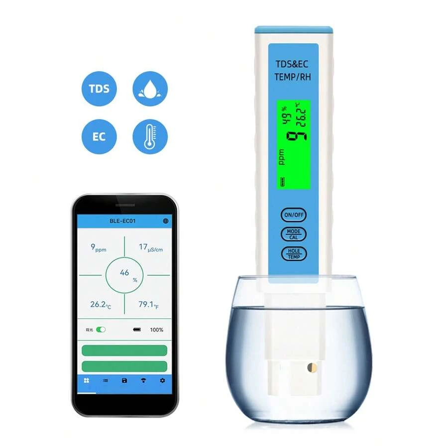 Medidor de calidad del agua 4 en 1: Inteligente, de alta precisión, con almacenamiento automático de datos y resistente al agua (IP67). Medidor de CE para piscinas y laboratorios. - Azul - Ver 1