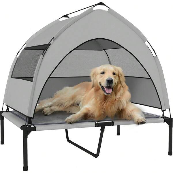 Elevated Dog Bed With Cooling Pad, Raised Outdoor Pet Bed With Removable Canopy, Breathable Mesh, Storage Bag, Portable Pet Cot For Indoor Outdoor Large Dogs, 42" X 30" X 37",