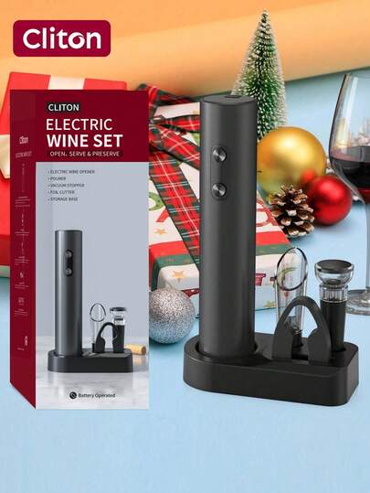 CLITON 5-In-1 Electric Wine Opener Gift Set Electric Wine Bottle Opener Battery Operated Corkscrew With Foil Cutter, Wine Pour, Wine Stopper And Storage Base,Electric Wine Opener, Battery Operated Corkscrew Wine Opener With Foil Cutter, Aerator, Vacuum Stopper And Storage Base, Ideal Wine Gifts For Birthdays, Weddings
