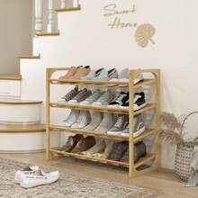 Schuhregal Schuhständer aus Bambus 4 Ebenen für bis zu 12 Paar Schuhe mit Griff für Eingang Schlafzimmer 76 x 33 x 67 cm Natur - Camel - Voir 2