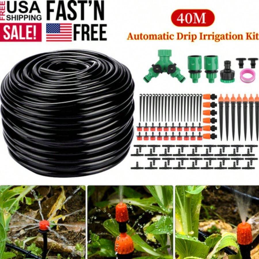 130FT Greenhouse Micro Drip Irrigation Kit Automatic Irrigation System Patio Misting Plant Watering System, Blank Distribution Tubing Hose Adjustable Nozzle Emitters Sprinkler - 黑色 - 查看 1