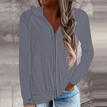Plus Size Women Autumn/Winter Ribbed Ribbed Casual Hoodie Sweatshirt, Loose Knit Zip-Up Sweatshirt Long Sleeve Pullover - Grey - View 7