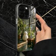 Cubierta de telefono transparente con borde blanco diseño de muñeco de nieve y plantas para iPhone uso diario en cafeterias - Negro - Ver 4