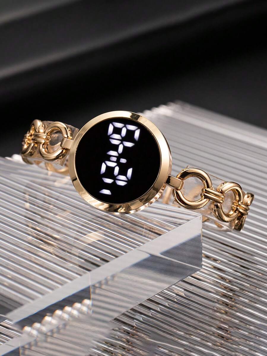 1pc Women's Fashion Digital Dial Fishscale Steel Band Rectangular Rhinestone Electronic Watch, Suitable For Daily Matching, Birthday, Gift For Women, Anniversary, Year-End Promotion, Singles Day, Halloween Promotion, No Gift Box - Gold - View 1