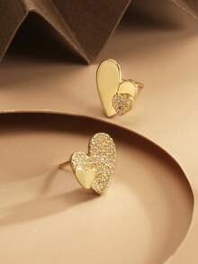1 Pair Asymmetrical Heart Shaped 925 Sterling Silver Earrings With Full Stones, Elegant Gold Plated Fashion Jewelry Gift For Women, Girlfriend, Mother, Friend, Couple, Daily Wear - Gold - View 6