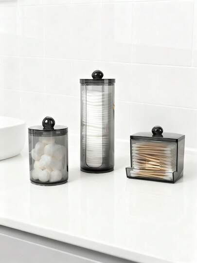 Qtip Holder Dispenser 3 Pieces Set, Clear Black Plastic Medicine Bottle Container, Bathroom Accessories Set Storage Box Organizer For Makeup Sticks, Swabs, Balls, Pads, Dental Floss, Suitable For Holiday Beach, Bathroom Collection, Bedroom Collection