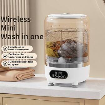 迷你洗衣机，无线便携式一体式洗衣甩干机，适用于内衣、袜子和小件衣物。USB充电，无需安装。洗涤+甩干。白色或粉色可选。便携式设计，是商务旅行或外出度假的理想之选。专为内衣和袜子单独洗涤而设计，更加卫生。适合居家、旅行、露营和宿舍使用。