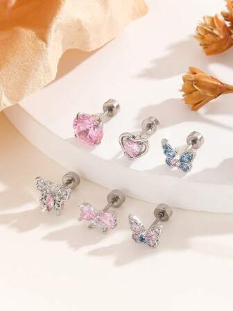 1只可爱粉色蝴蝶锆石不锈钢耳骨耳环，适合日常通勤、节日派对、度假佩戴及作为礼物