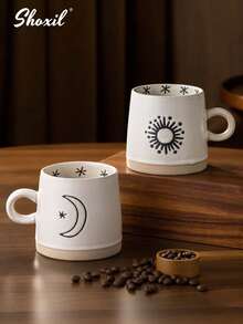 shoxil 1个陶瓷马克杯，粗面陶瓷咖啡杯，月亮图案咖啡杯，带把手咖啡杯，太阳图案咖啡杯，适合家庭、咖啡店、斋月、宰牲节 - Cup - 查看 5